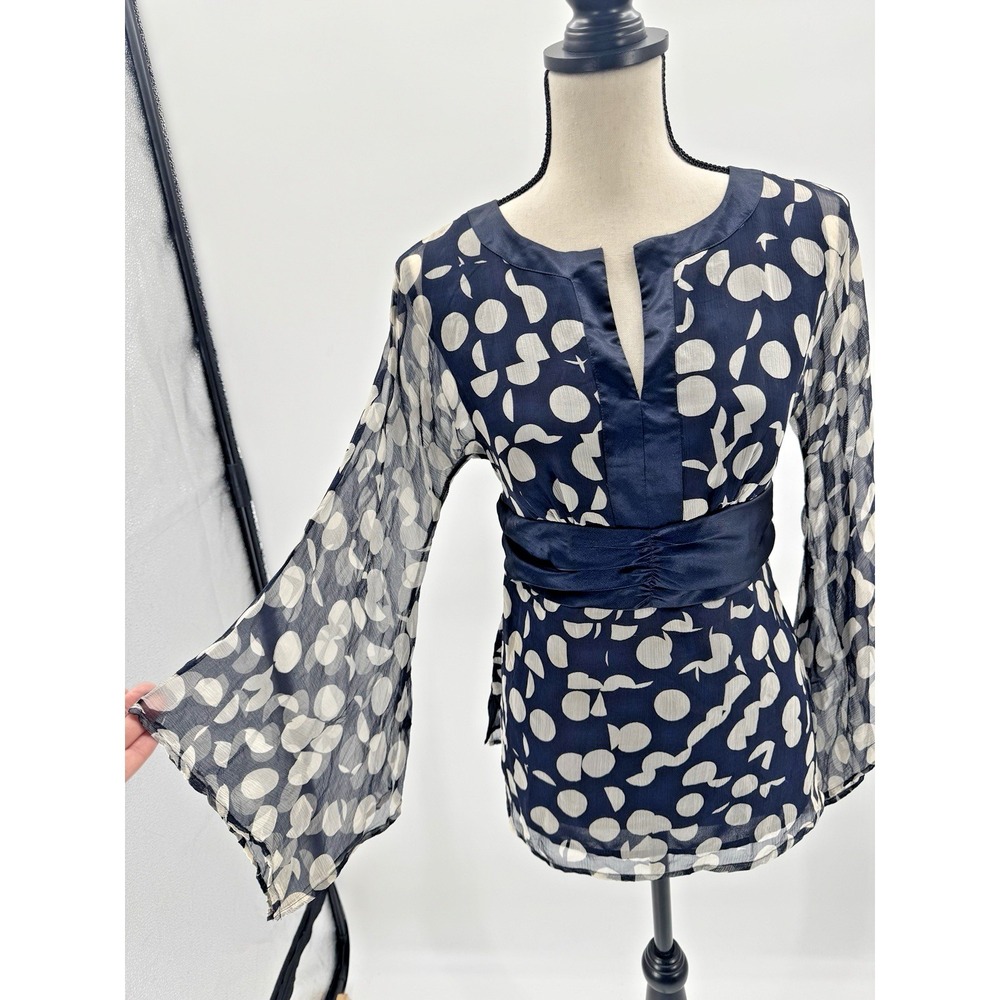 VTG Y2K Carole Little Top Silk Polka Dot Split V-Neck Waist Banded Retro Classic